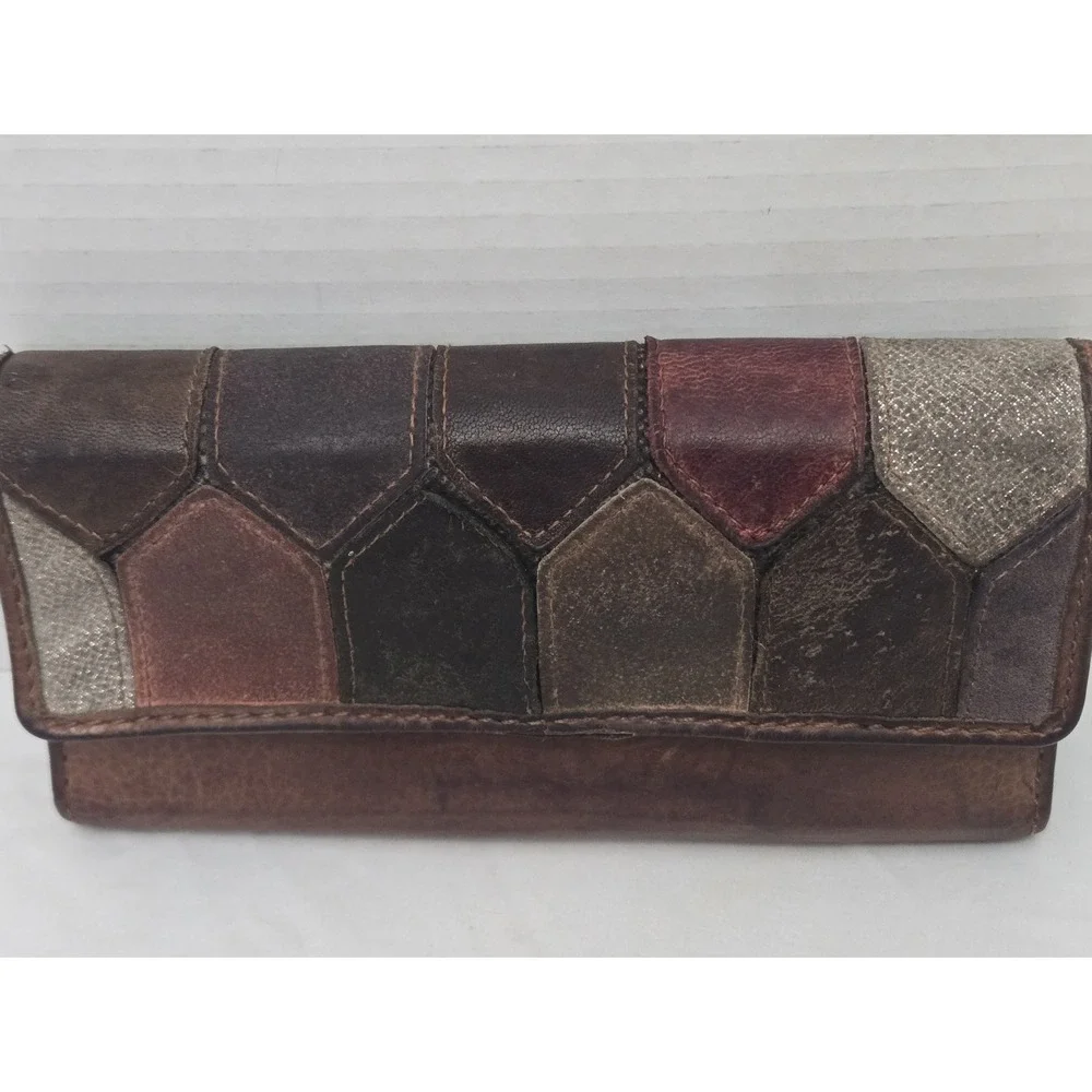 Vintage Fossil Leather Patchwork Trifold Wallet Emory Clutch Boho Y2K 1954
